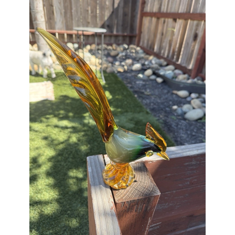MCM Venetian J.I. Co. Italy Glass Pheasant Bird Sculpture Green Amber Sommerso